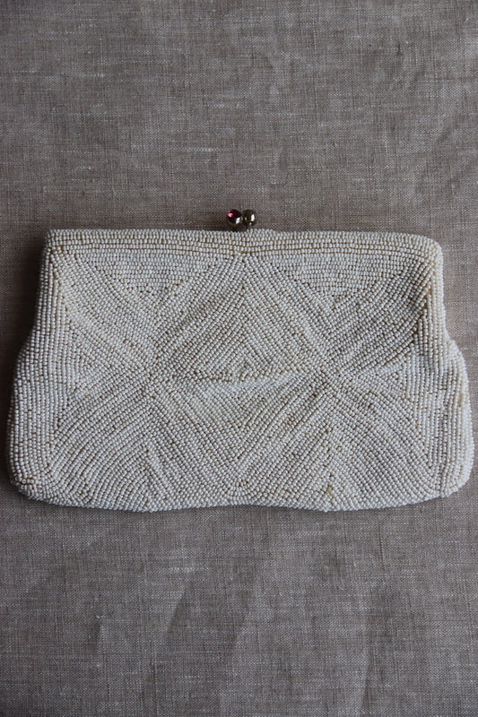 White Beaded Kisslock Clutch with Pink Rhinestones