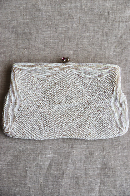 White Beaded Kisslock Clutch with Pink Rhinestones
