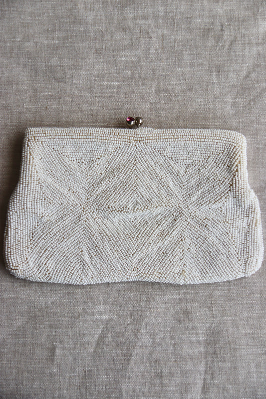 White Beaded Kisslock Clutch with Pink Rhinestones