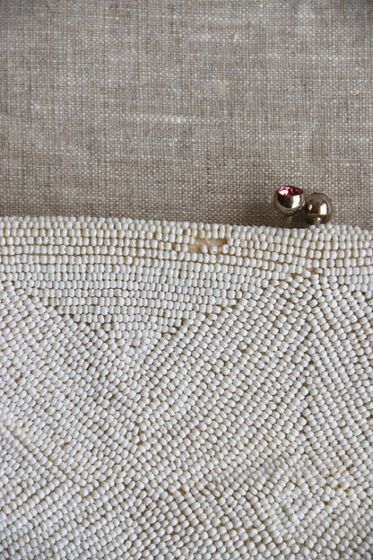 White Beaded Kisslock Clutch with Pink Rhinestones