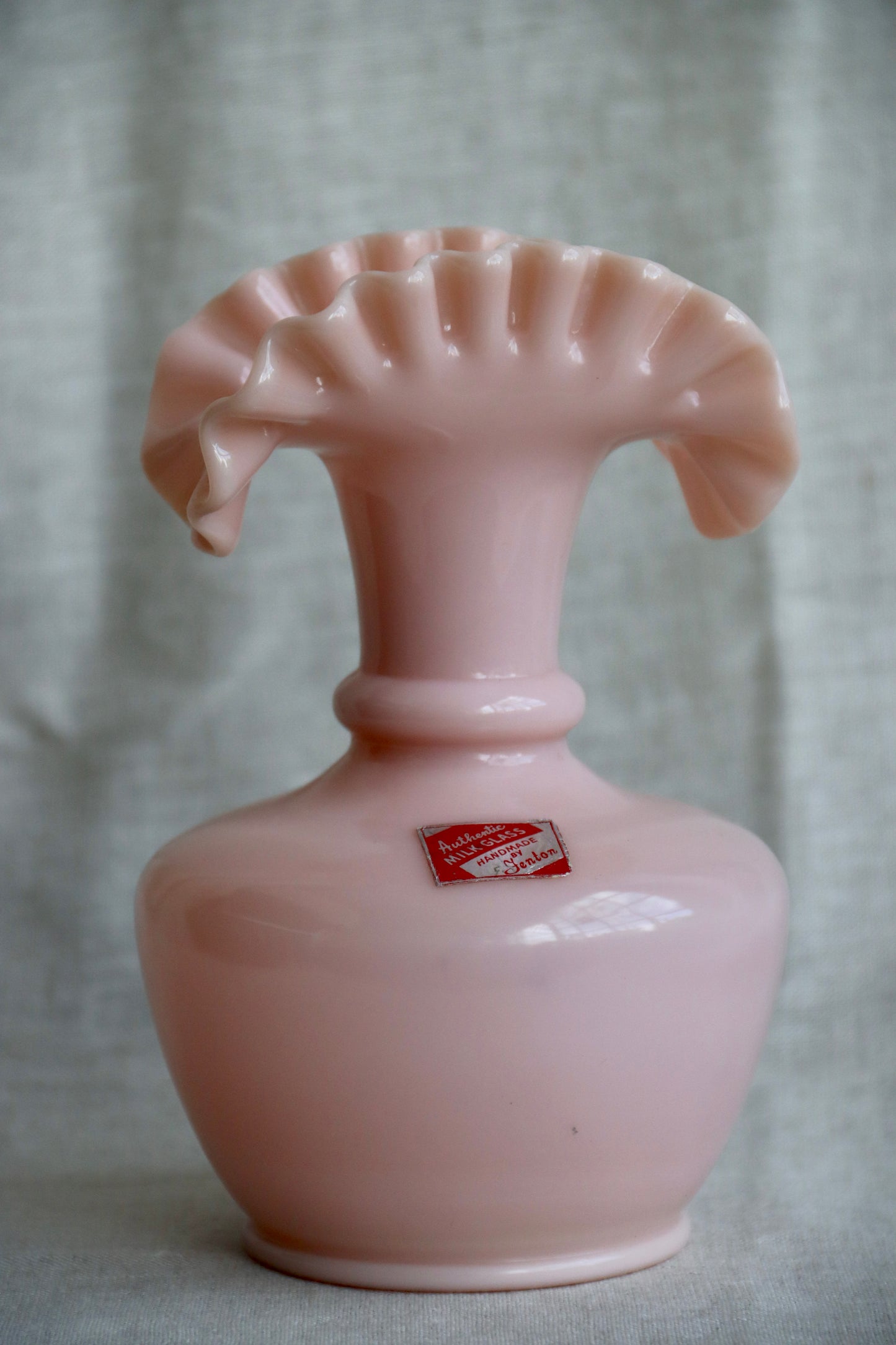 Fenton Pink Milk Glass Ruffle Edge Vase