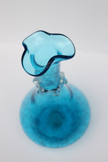 Crackle bright blue hand blown vase