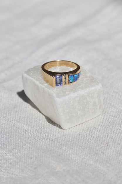 Tanzanite, Diamond and Opal Doublet Ring - 14k Gold