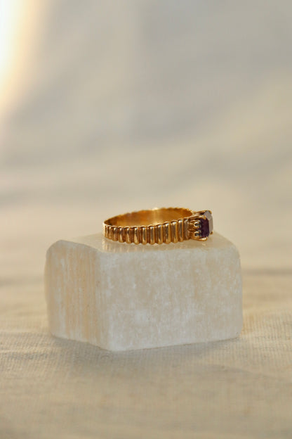 Amethyst and Diamond Ring with Fluted Shoulders -10K