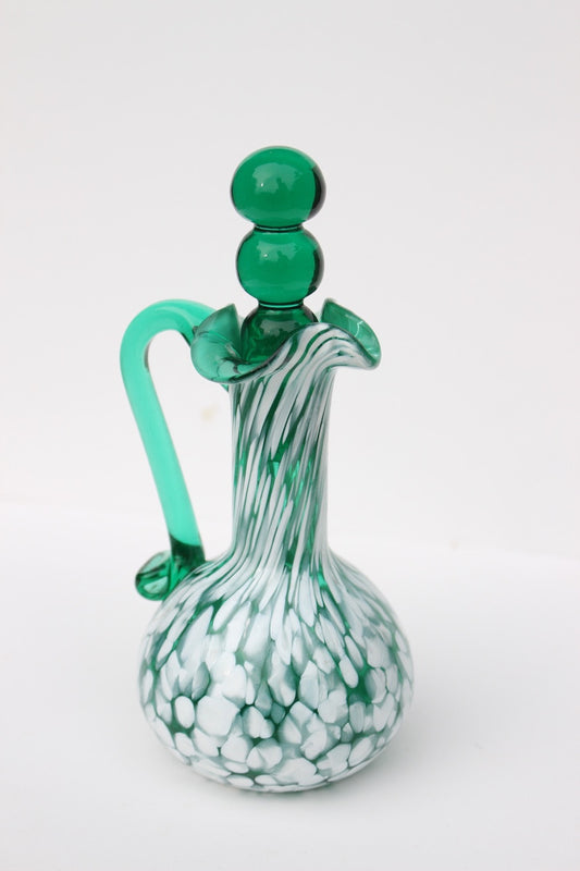 Dark green and white spatter glass cruet hand blown with glass stopper