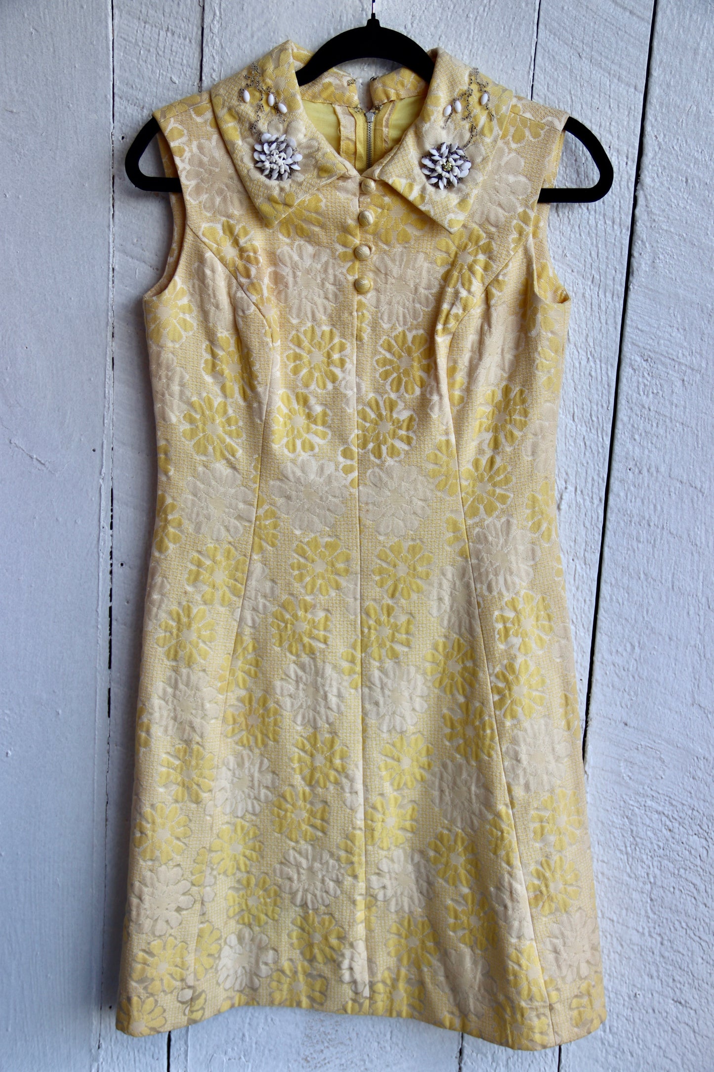 Vintage 60s Yellow Dress With Beaded Collar