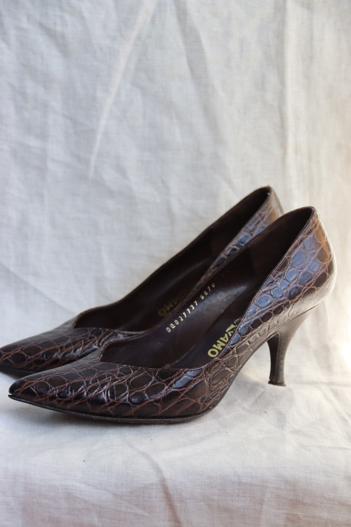 Ferragamo Chocolate Brown Snakeskin Heels