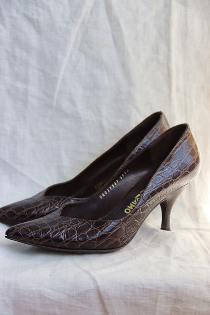 Ferragamo Chocolate Brown Snakeskin Heels