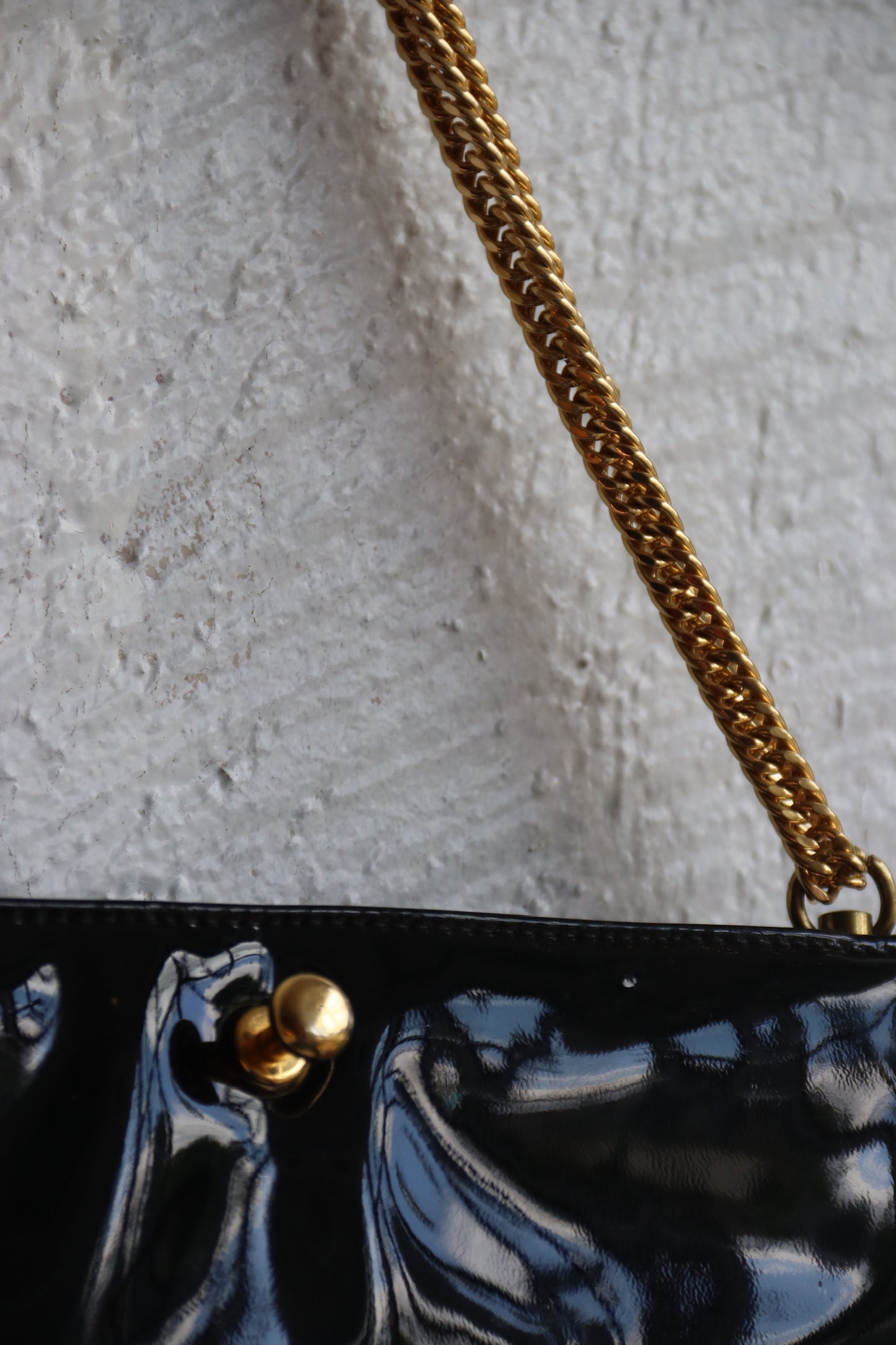 90s Vintage Ruth Saltz Black Patent Bag with Gold Emblem