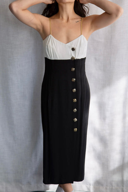 Vintage 90s Virgo II Black and White Dress with Gold Straps