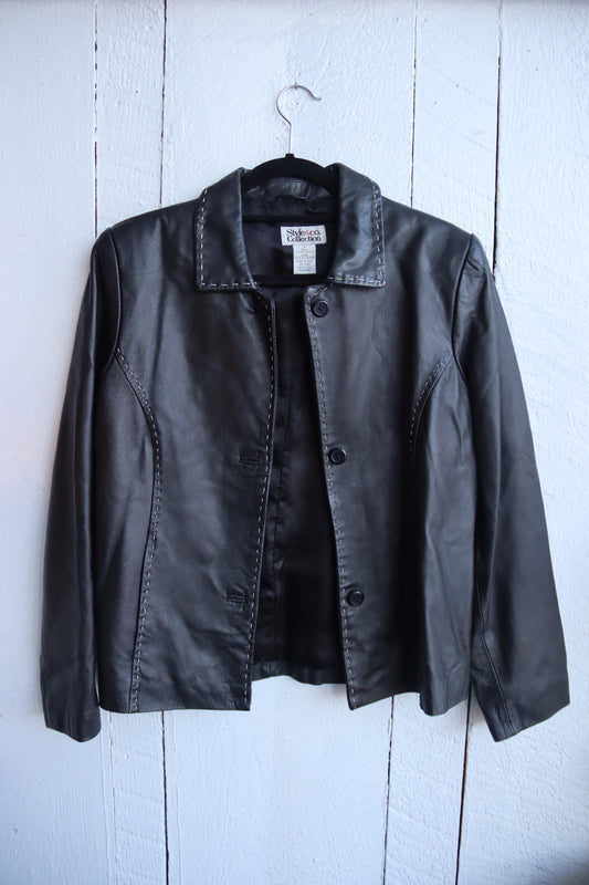 Style and Co Contrast Stitching Leather Coat