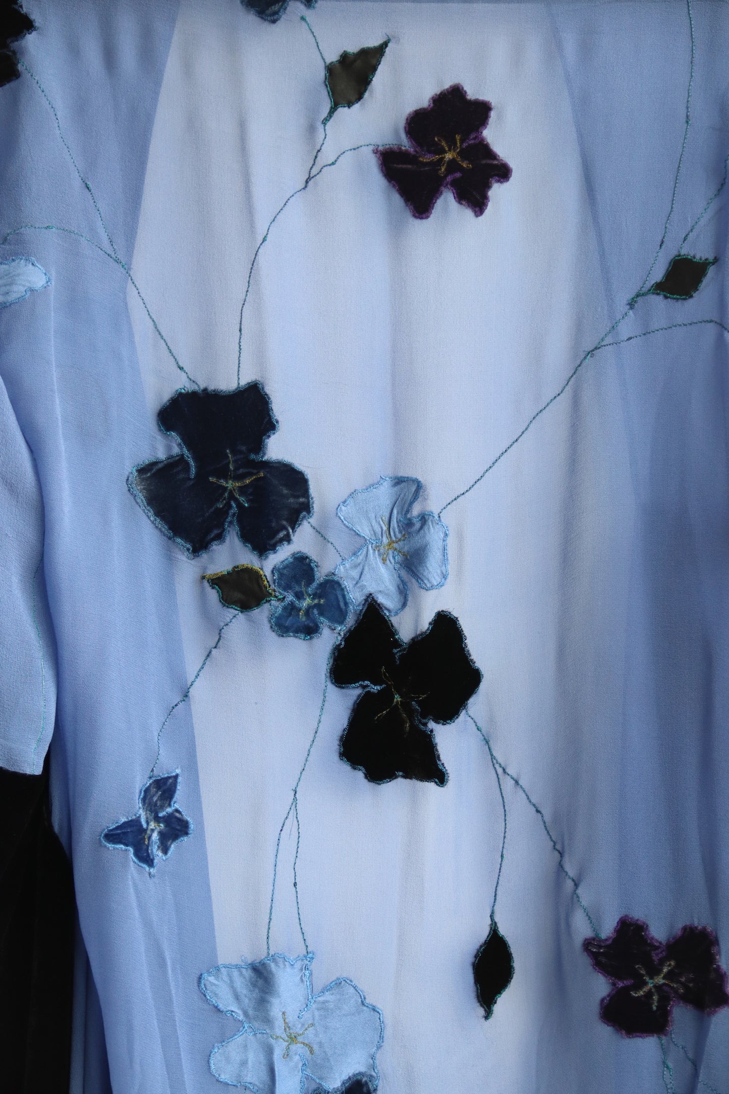 Vintage Blue Silk and Black Velvet Shawl