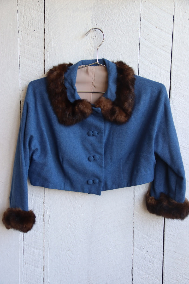 Vintage Cropped Blue Wool Jacket with Sable Fur Trim
