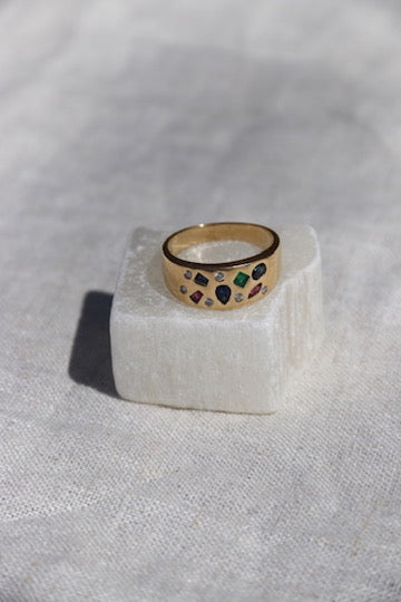 Flush Set Ruby, Sapphire, Emerald and Diamond Ring -14K
