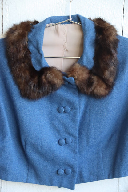 Vintage Cropped Blue Wool Jacket with Sable Fur Trim