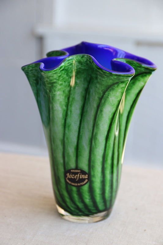 Krosno Józefina Green and Blue Wavy Blown Glass Vase