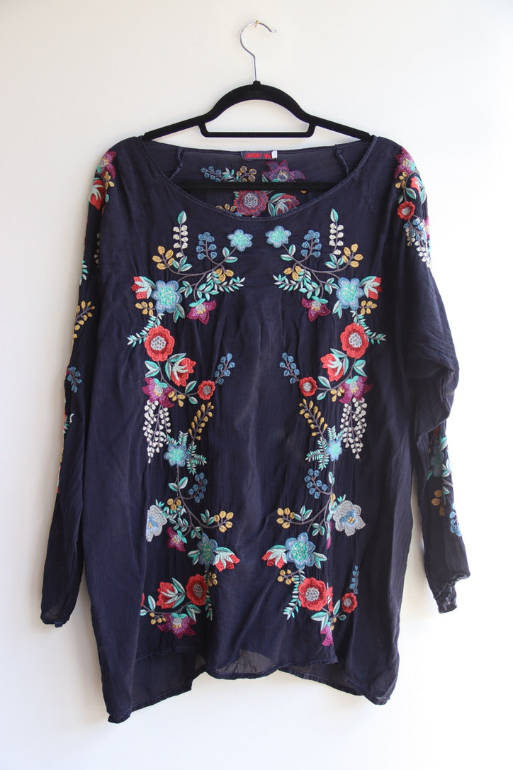 Johnny Was Blue Embroidered Top