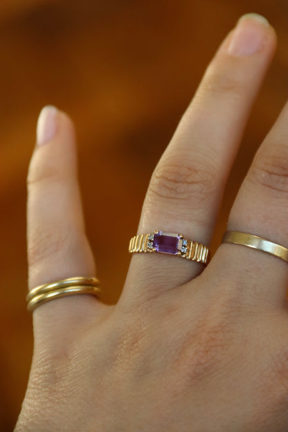 Amethyst and Diamond Ring with Fluted Shoulders -10K