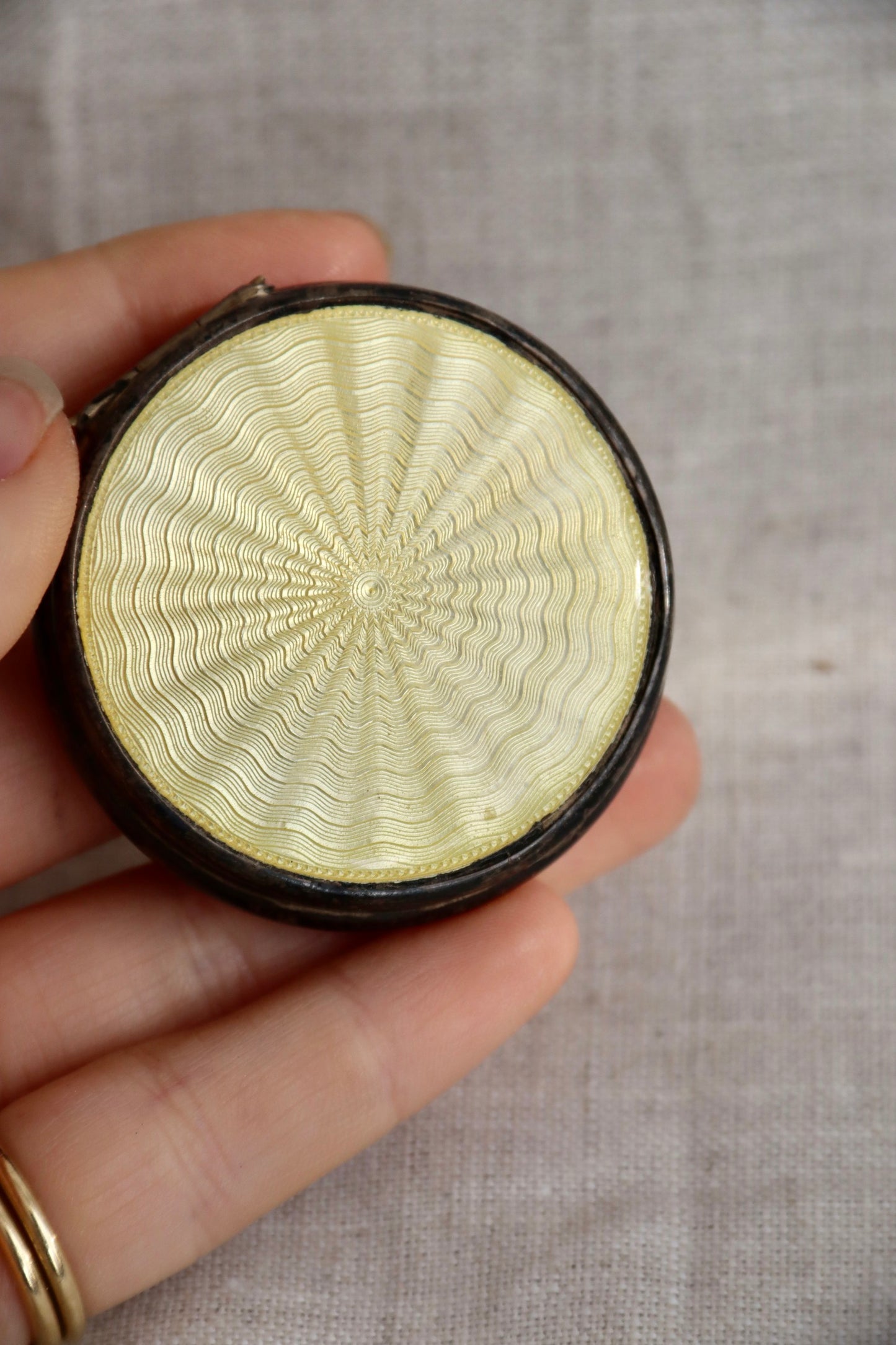 Antique Art Deco Guilloche Yellow Enamel Sterling Silver Compact