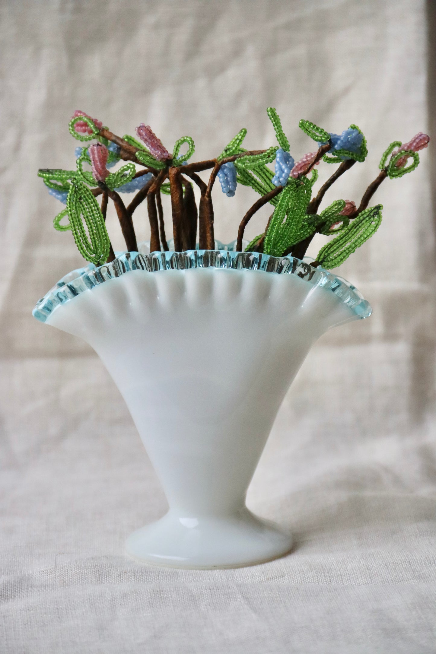 Fenton "Aqua Crest" Milk Glass Fan Vase with Flowers