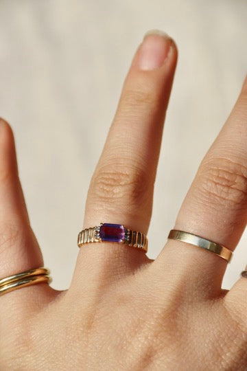 Amethyst and Diamond Ring with Fluted Shoulders -10K