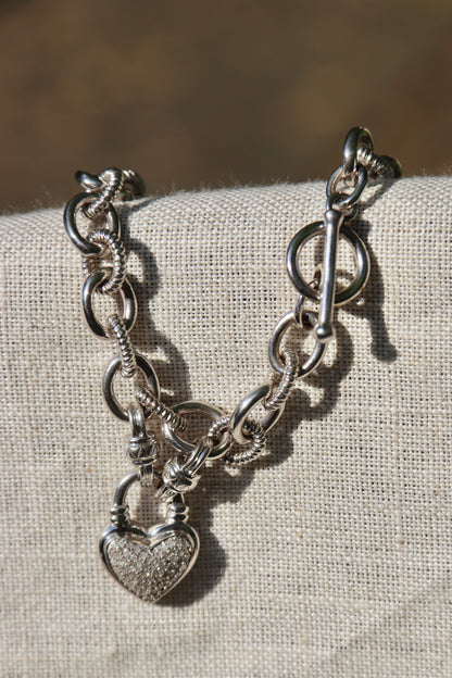 Sterling Silver Diamond Heart Charm Toggle Bracelet