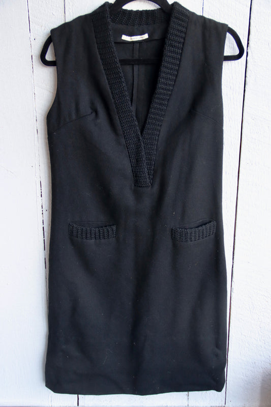 Vintage Handmade by Renell Ridley Black Wool V Neck Dress