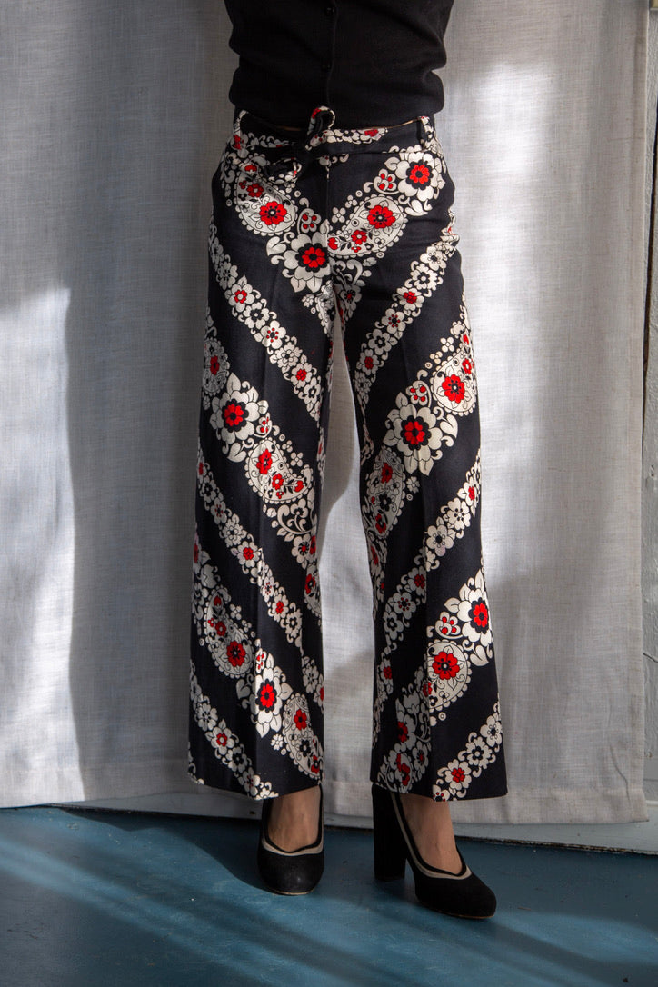 Vintage 1970s Black and Red Paisley Pants