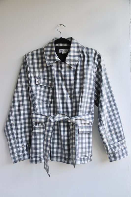 Irene Allison Grey checkered raincoat
