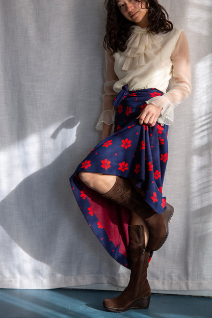 Vintage 1970s Vicky Vaughn Navy Blue and Red Floral Maxi Skirt