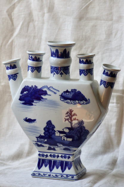 vintage Chinoiserie blue and white five-finger tulip vase