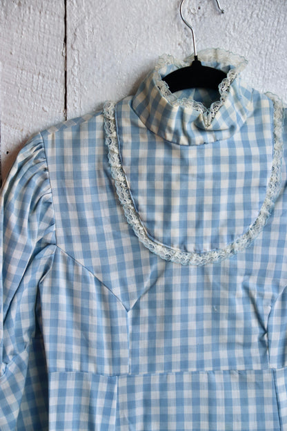 Vintage 70s Handmade Light Blue Checkered Cotton Dress