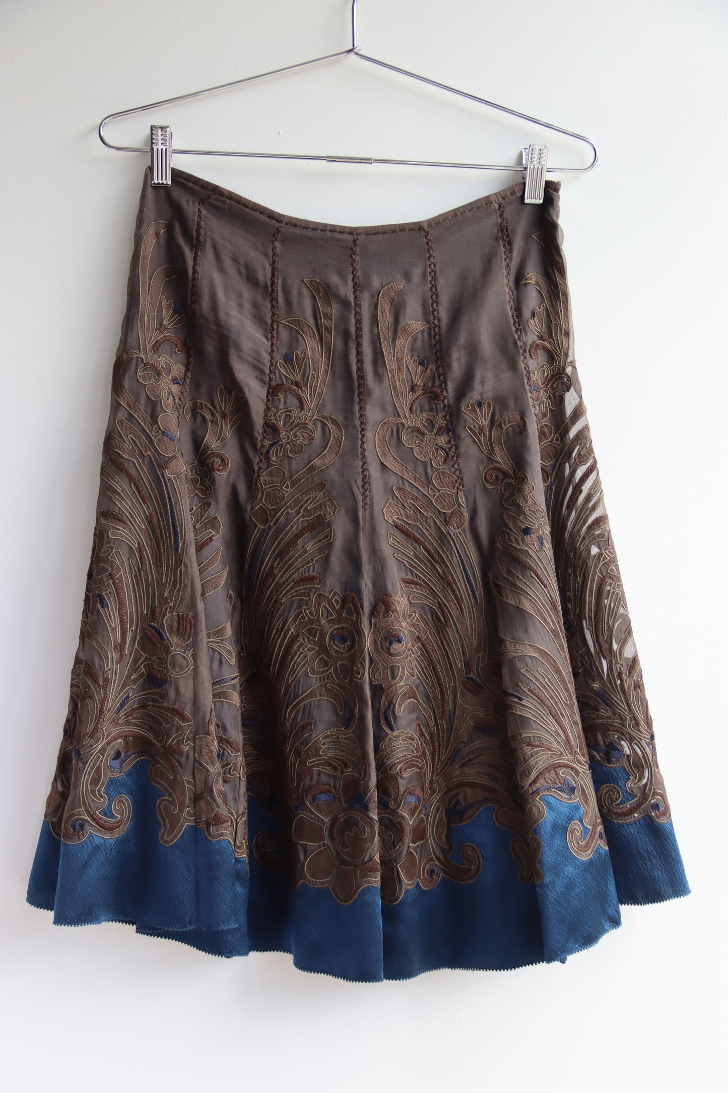 Elie Tahari Brown and Blue Silk Satin Skirt