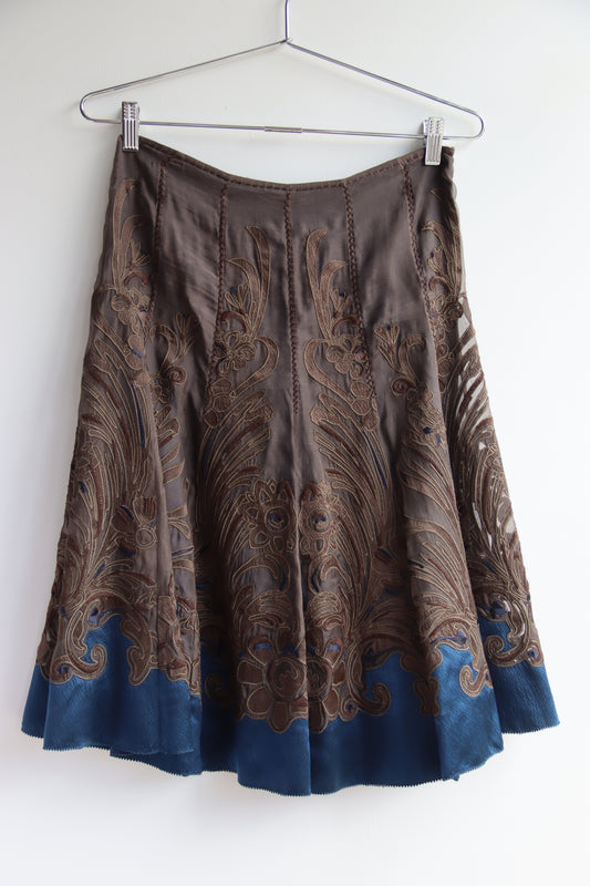 Elie Tahari Brown and Blue Silk Satin Skirt