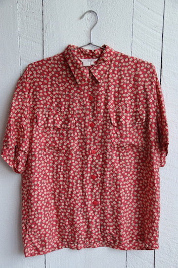 Red Floral Silk Button Down Shirt