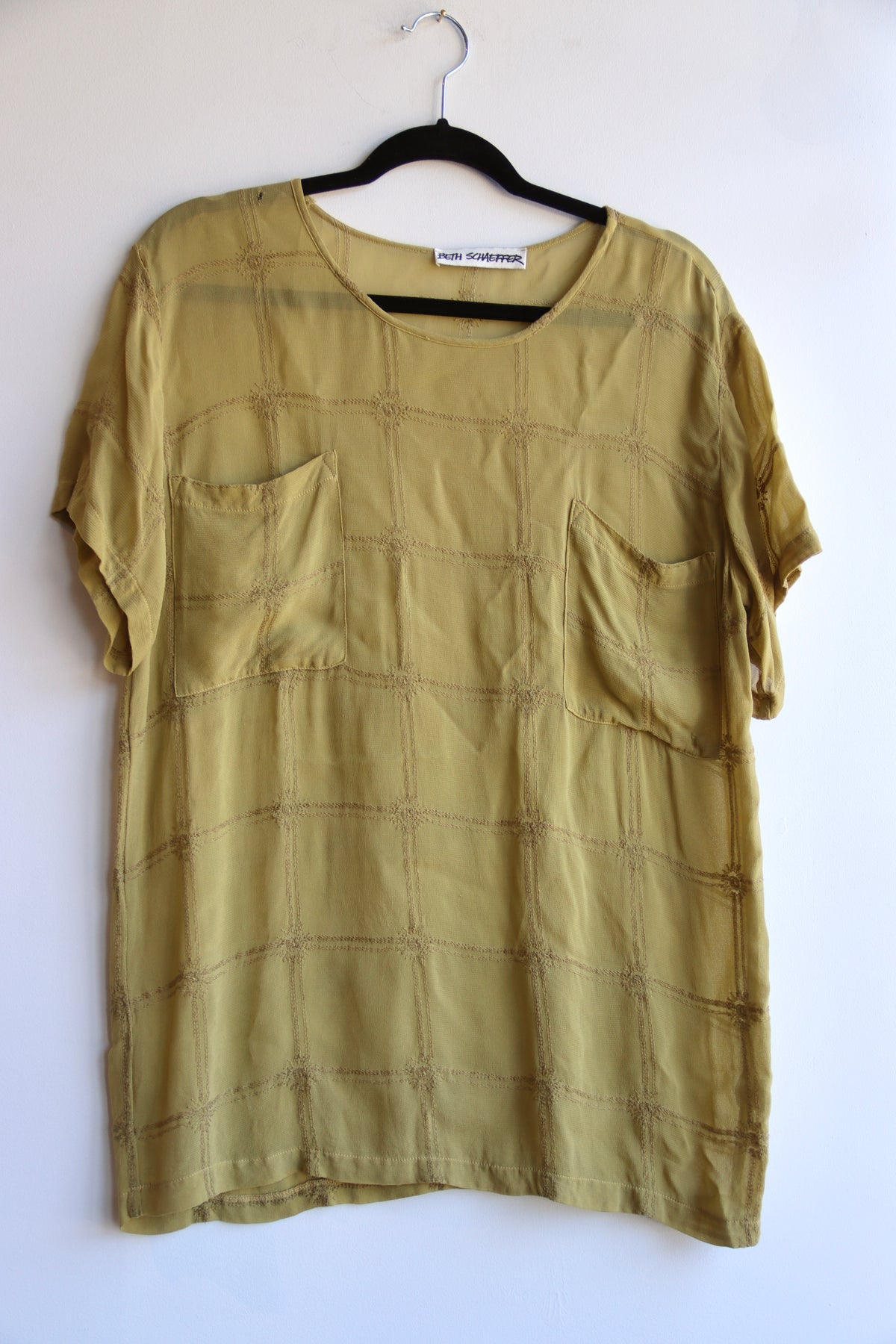 Vintage Beth Schaeffer Embroidered Olive Green Silk Top