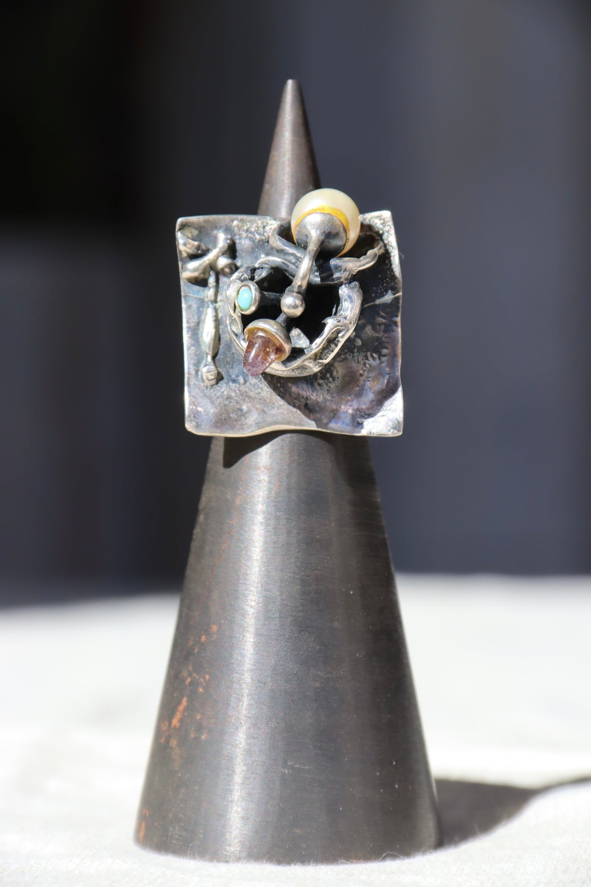 Winifred Wager Sterling Silver Abstract Ring with Amethyst, Turquoise, and Pearl