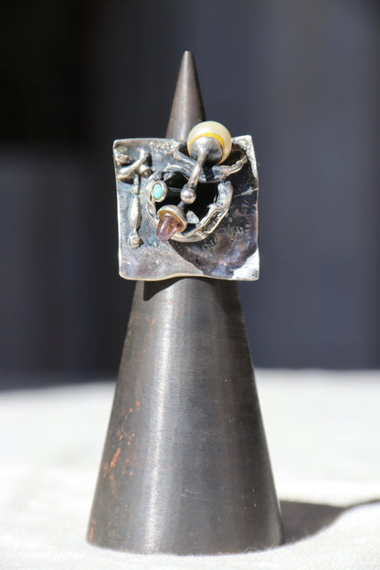 Winifred Wager Sterling Silver Abstract Ring with Amethyst, Turquoise, and Pearl