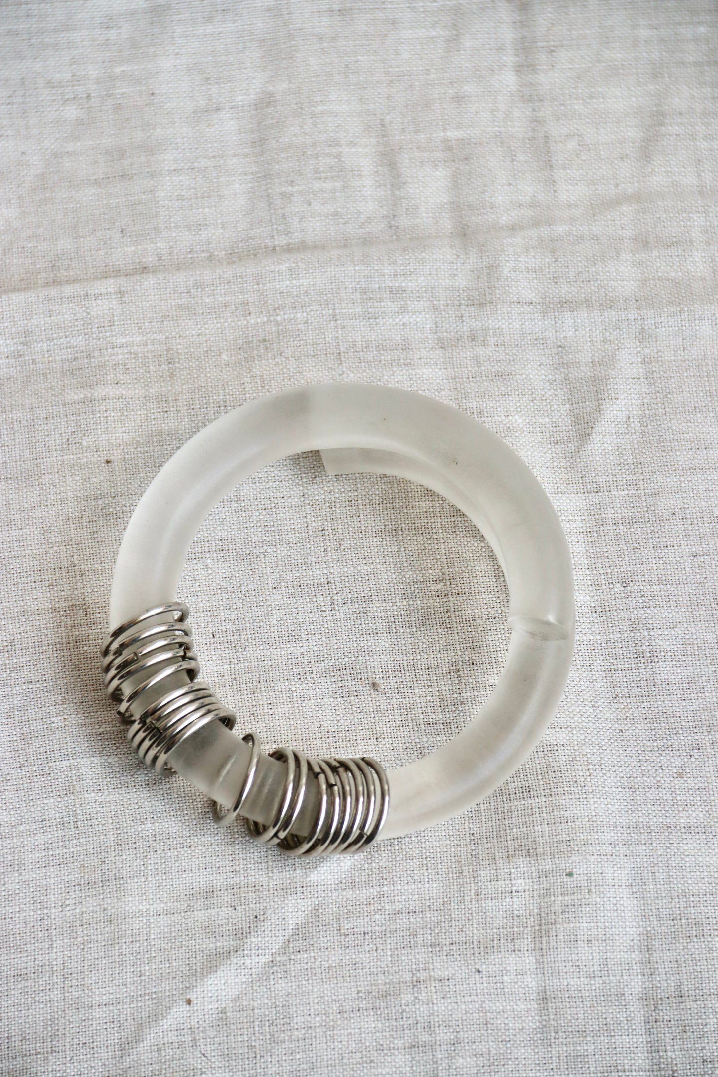 Frosted Lucite Bypass Bangle Bracelet with Silver Rings