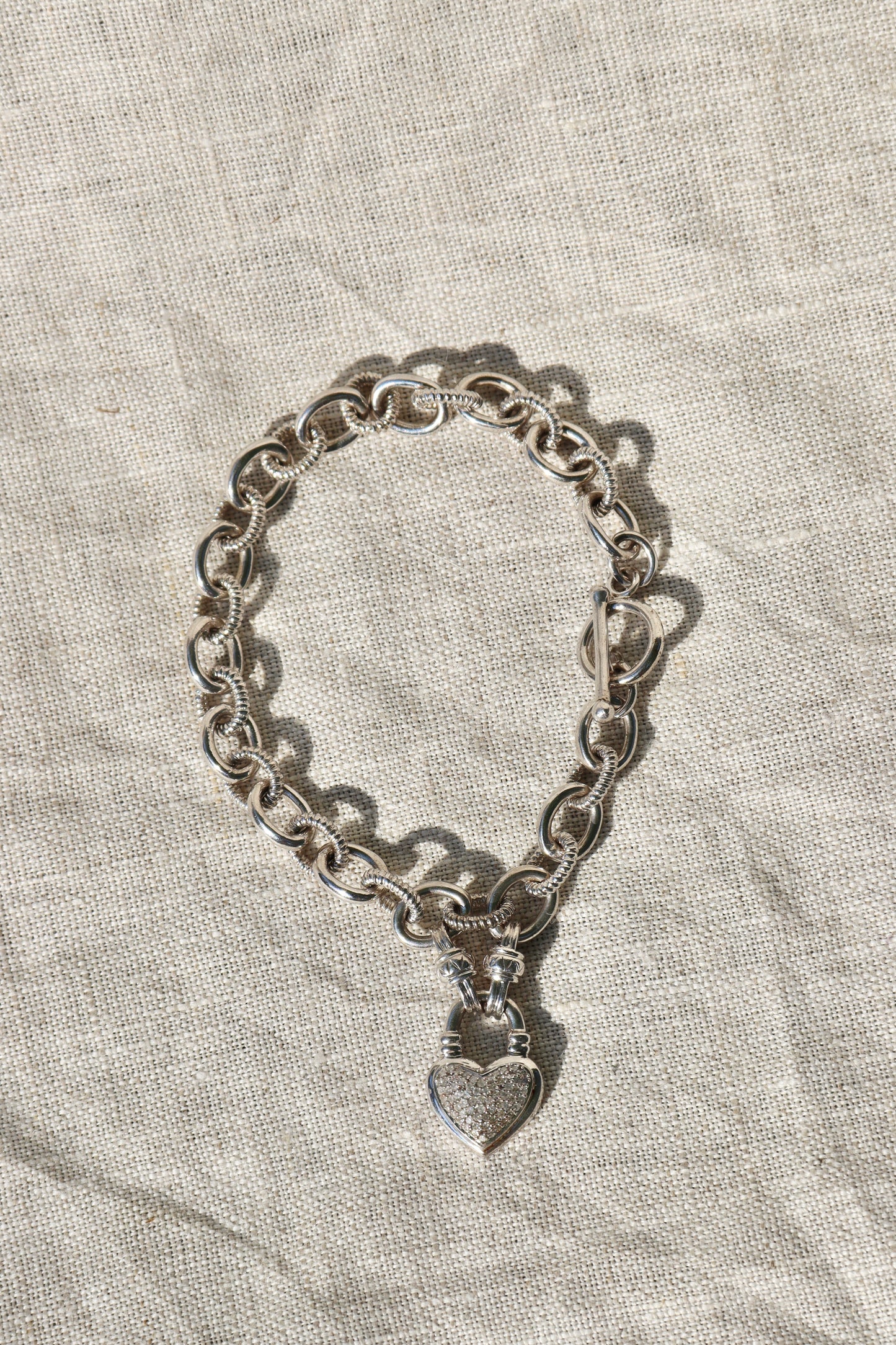 Sterling Silver Diamond Heart Charm Toggle Bracelet