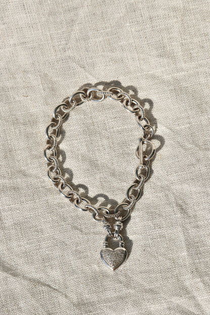 Sterling Silver Diamond Heart Charm Toggle Bracelet
