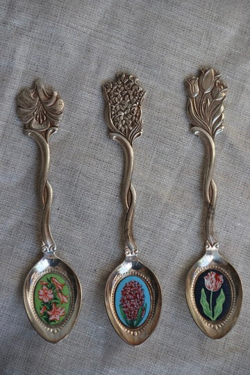 Set of Three Dutch Sterling Enamel Flower Spoons