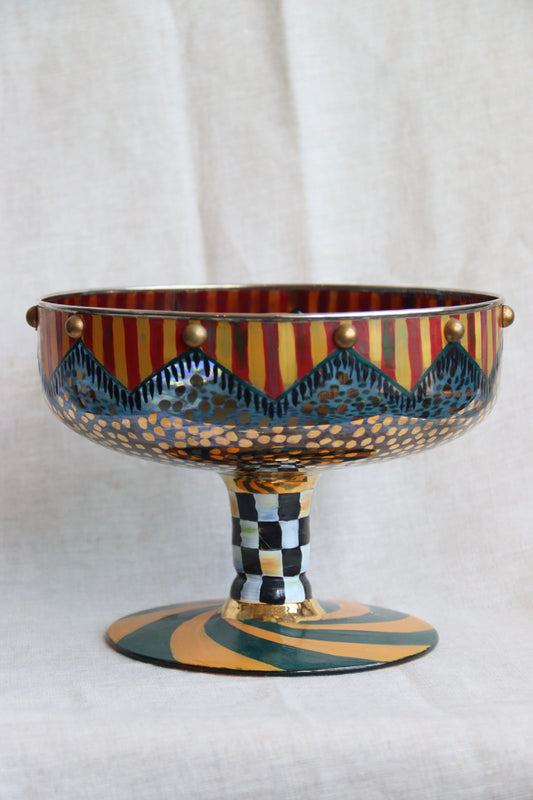 Mackenzie Childs Large Footed Pedestal Glass Compote Bowl