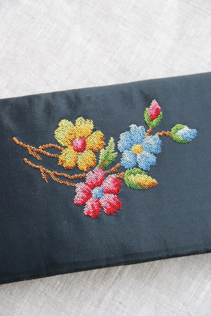 Black Embroidered Floral Clutch