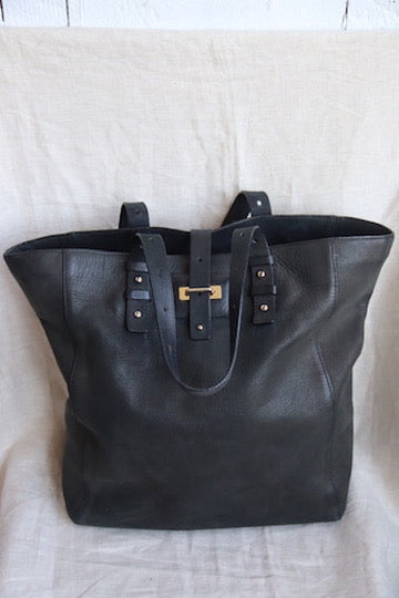 Large Black Leather Bag with Canvas Lining