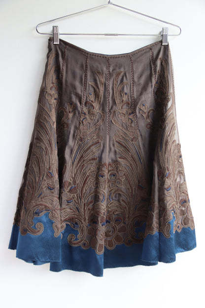 Elie Tahari Brown and Blue Silk Satin Skirt