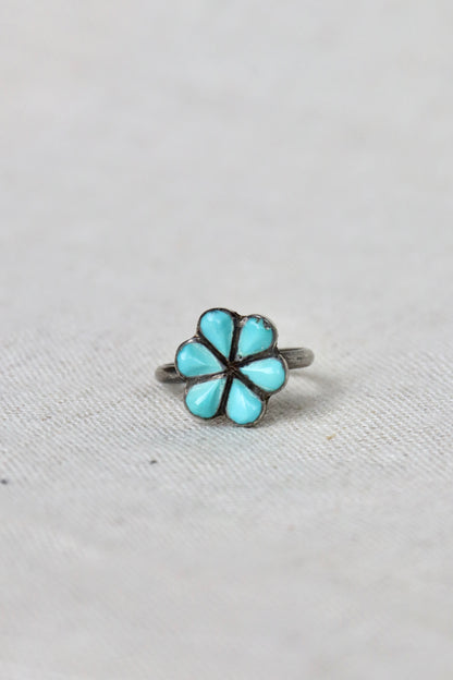 Sterling Silver zuni six-petal flower ring with turquoise inlay
