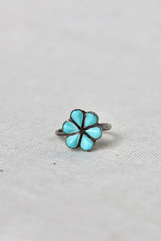 Sterling Silver zuni six-petal flower ring with turquoise inlay