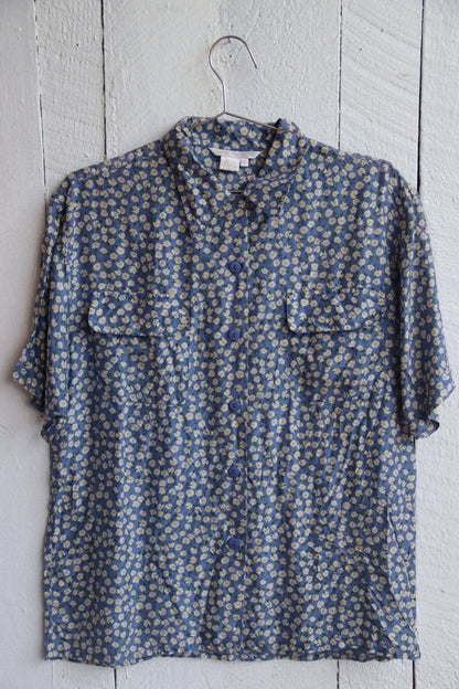 Blue Floral Silk Button Down Shirt