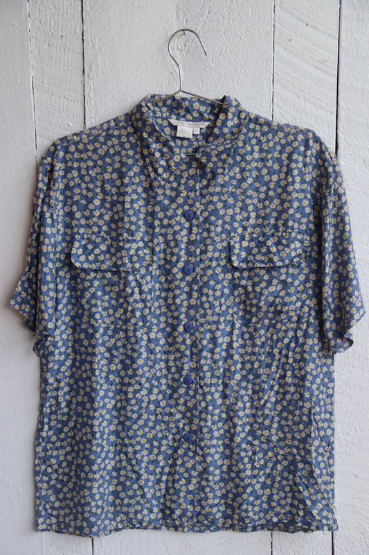 Blue Floral Silk Button Down Shirt